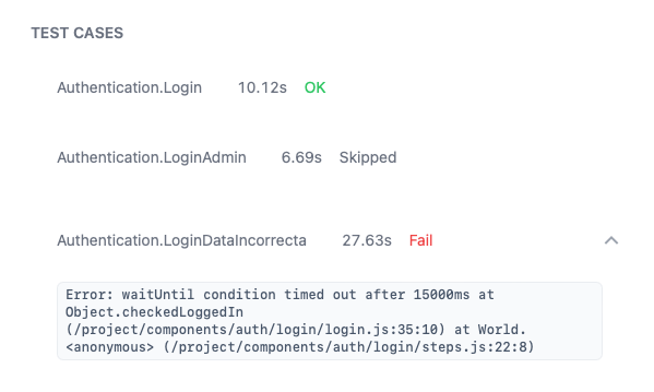 Sección del QA Dashboard resultados de los tests