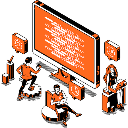 Equipo de ingenieros dedicados a la automatización de pruebas funcionales en Redsauce, representación vectorial, color naranja