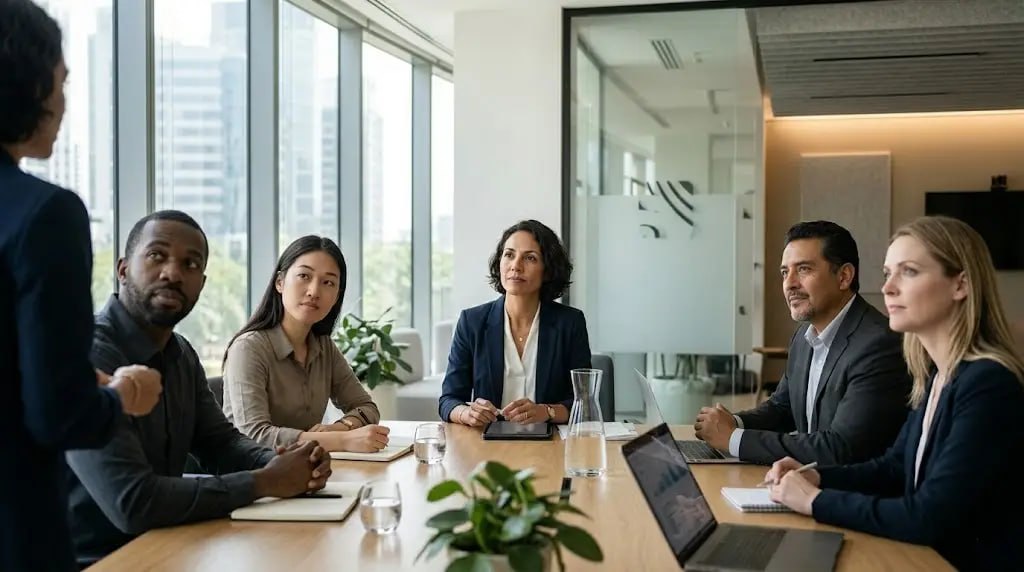 Equipo escuchando una sesión de liderazgo y coordinación
