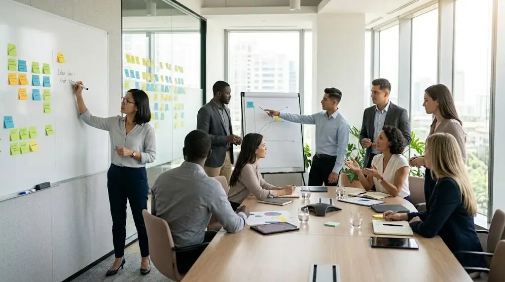Equipo trabajando en una sesión práctica con pizarra y notas